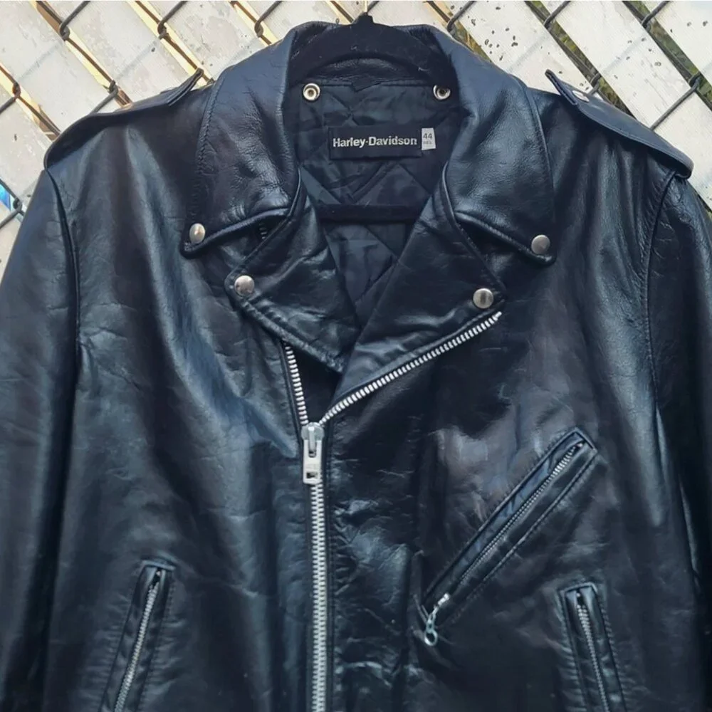 Vintage 1970s Harley Davidson Leather Motorcycle Jacket Men 44 Wool Lining Black - Picture 2 of 16